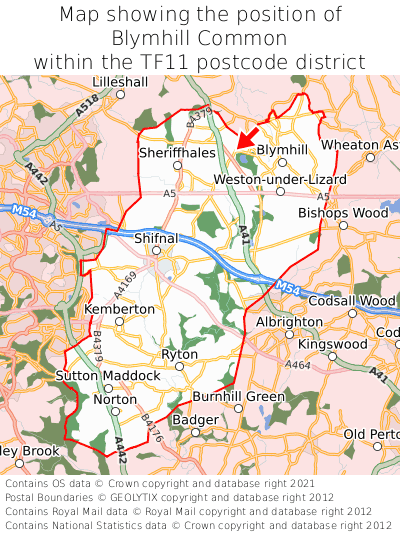 Map showing location of Blymhill Common within TF11