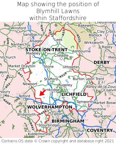 Map showing location of Blymhill Lawns within Staffordshire