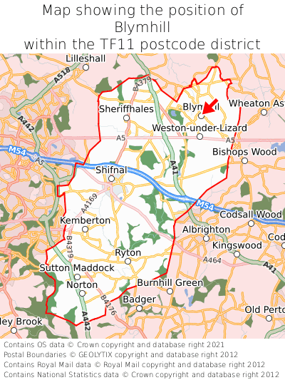 Map showing location of Blymhill within TF11