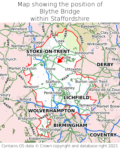 Map showing location of Blythe Bridge within Staffordshire