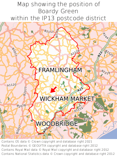 Map showing location of Boardy Green within IP13