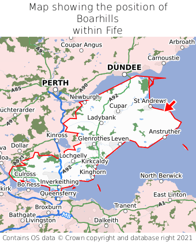 Map showing location of Boarhills within Fife