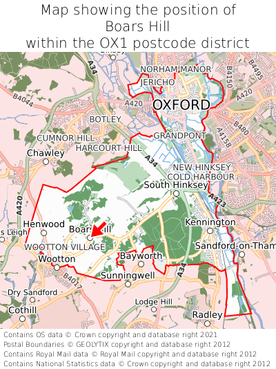 Map showing location of Boars Hill within OX1