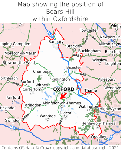 Map showing location of Boars Hill within Oxfordshire