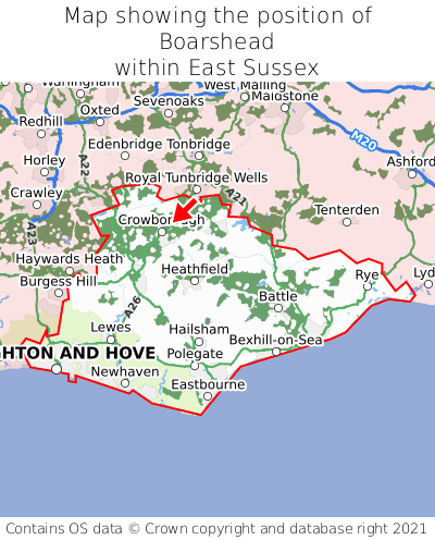 Map showing location of Boarshead within East Sussex