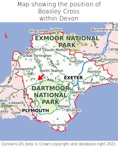 Map showing location of Boasley Cross within Devon