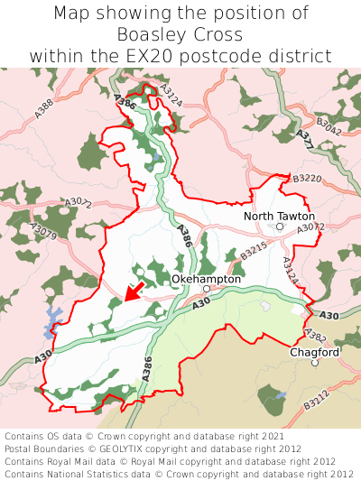 Map showing location of Boasley Cross within EX20