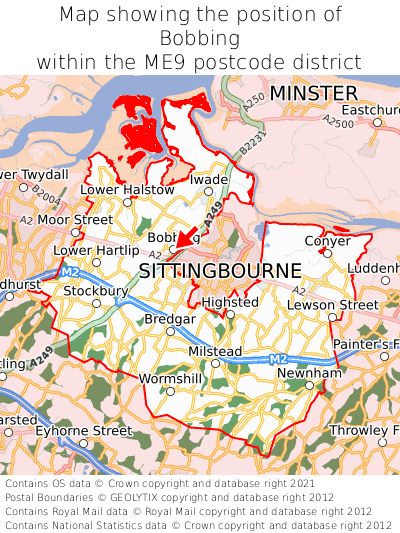 Map showing location of Bobbing within ME9