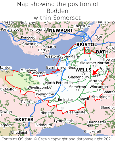 Map showing location of Bodden within Somerset