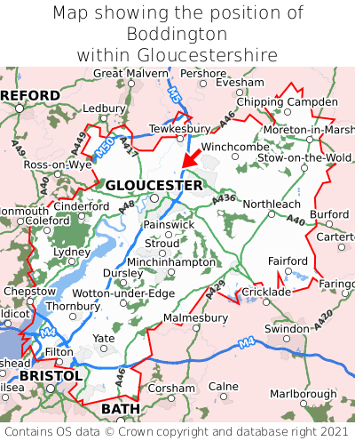 Map showing location of Boddington within Gloucestershire