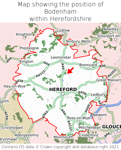 Map showing location of Bodenham within Herefordshire
