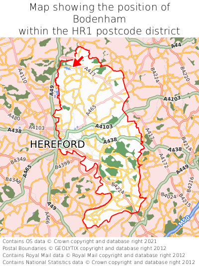 Map showing location of Bodenham within HR1