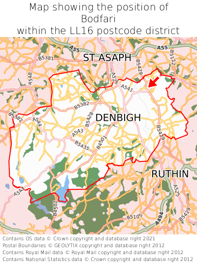 Map showing location of Bodfari within LL16