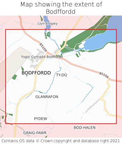 Map showing extent of Bodffordd as bounding box