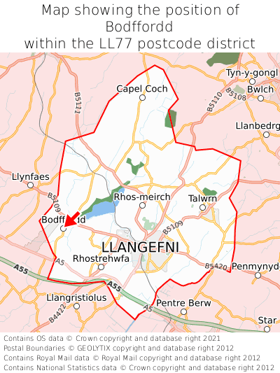 Map showing location of Bodffordd within LL77