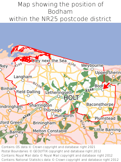 Map showing location of Bodham within NR25