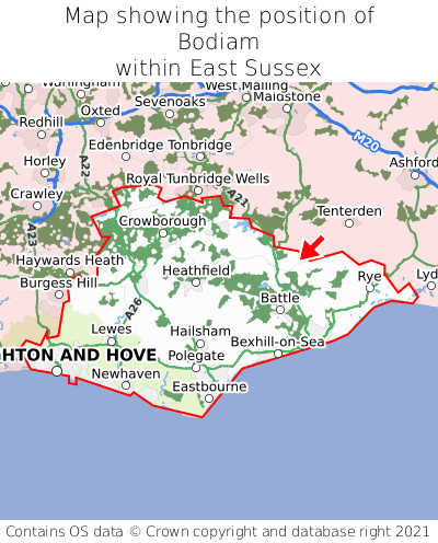 Map showing location of Bodiam within East Sussex
