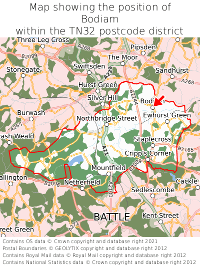 Map showing location of Bodiam within TN32