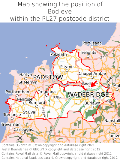 Map showing location of Bodieve within PL27