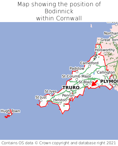 Map showing location of Bodinnick within Cornwall