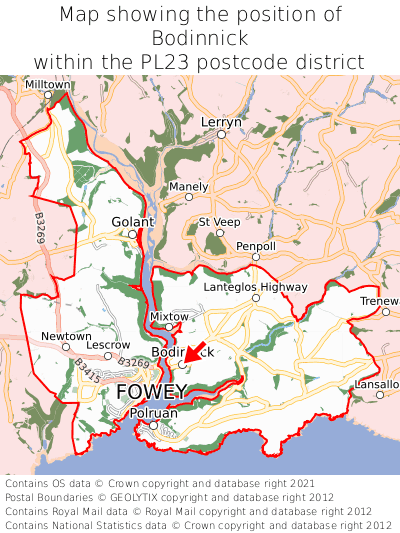 Map showing location of Bodinnick within PL23