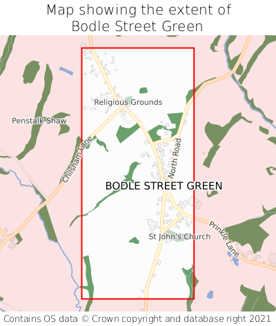 Map showing extent of Bodle Street Green as bounding box