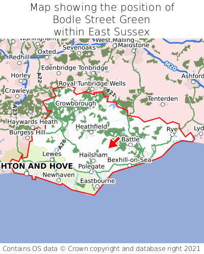 Map showing location of Bodle Street Green within East Sussex