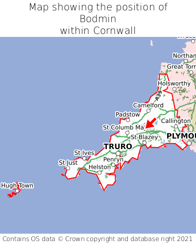 Map showing location of Bodmin within Cornwall