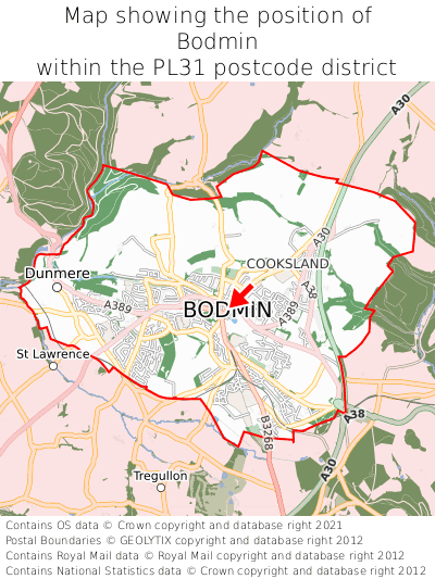 Map showing location of Bodmin within PL31