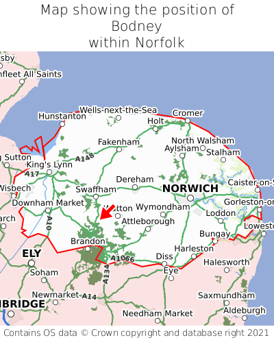 Map showing location of Bodney within Norfolk