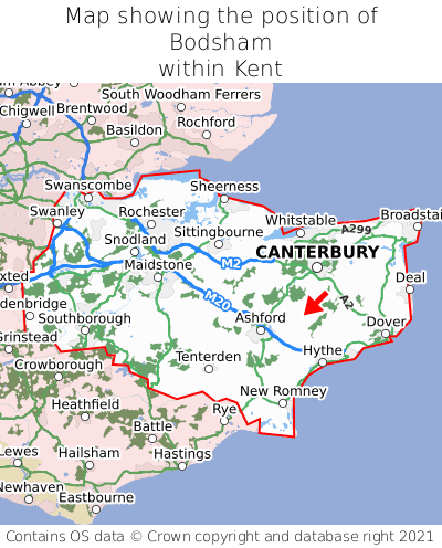 Map showing location of Bodsham within Kent