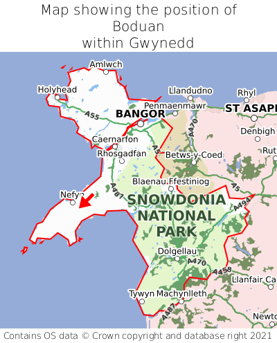 Map showing location of Boduan within Gwynedd