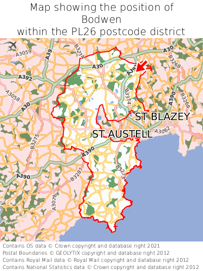 Map showing location of Bodwen within PL26