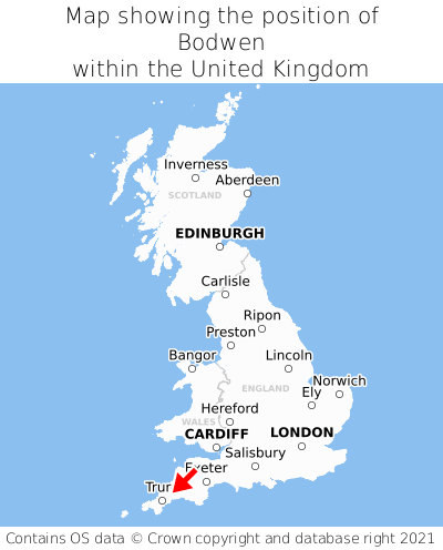 Map showing location of Bodwen within the UK