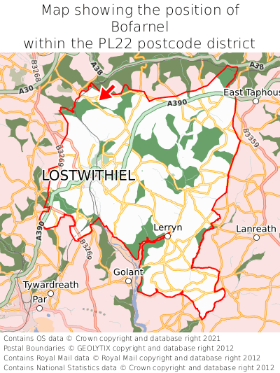 Map showing location of Bofarnel within PL22