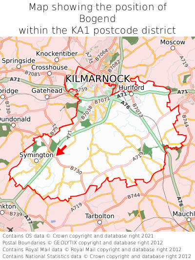 Map showing location of Bogend within KA1