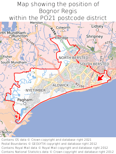 Map showing location of Bognor Regis within PO21