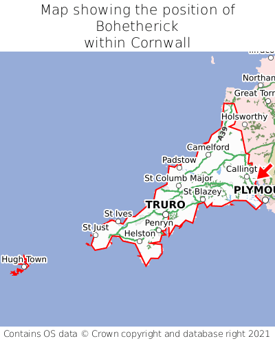 Map showing location of Bohetherick within Cornwall