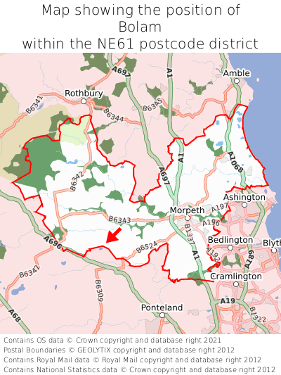 Map showing location of Bolam within NE61