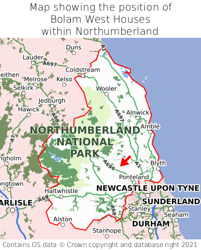 Map showing location of Bolam West Houses within Northumberland