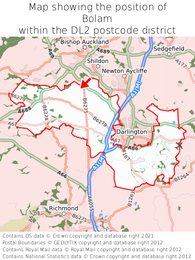 Map showing location of Bolam within DL2