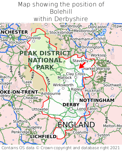 Map showing location of Bolehill within Derbyshire