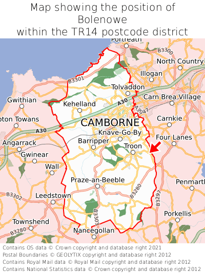 Map showing location of Bolenowe within TR14