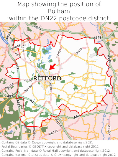 Map showing location of Bolham within DN22