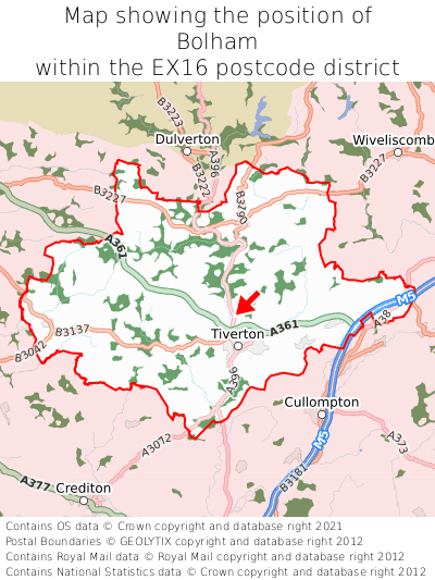 Map showing location of Bolham within EX16