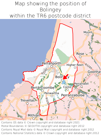 Map showing location of Bolingey within TR6