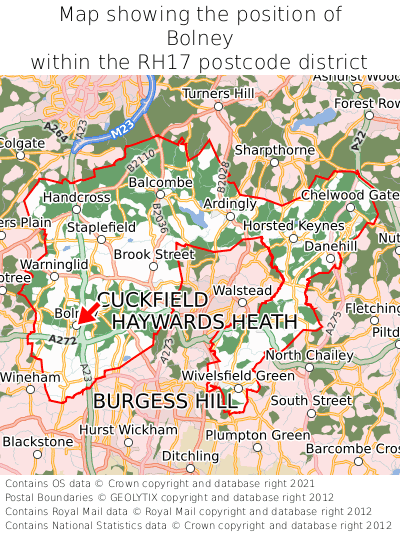 Map showing location of Bolney within RH17