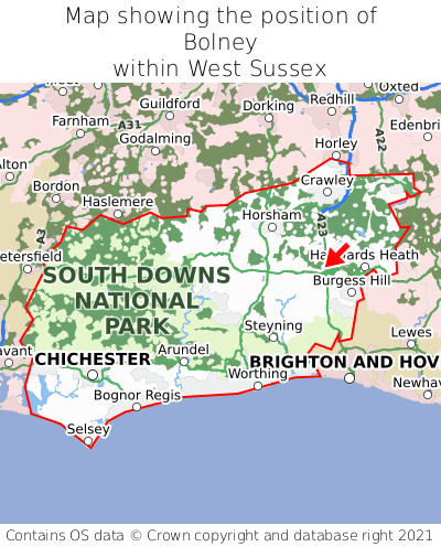 Map showing location of Bolney within West Sussex