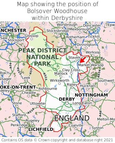 Map showing location of Bolsover Woodhouse within Derbyshire