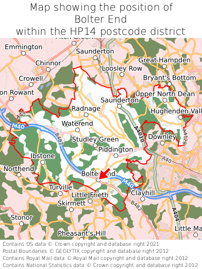 Map showing location of Bolter End within HP14